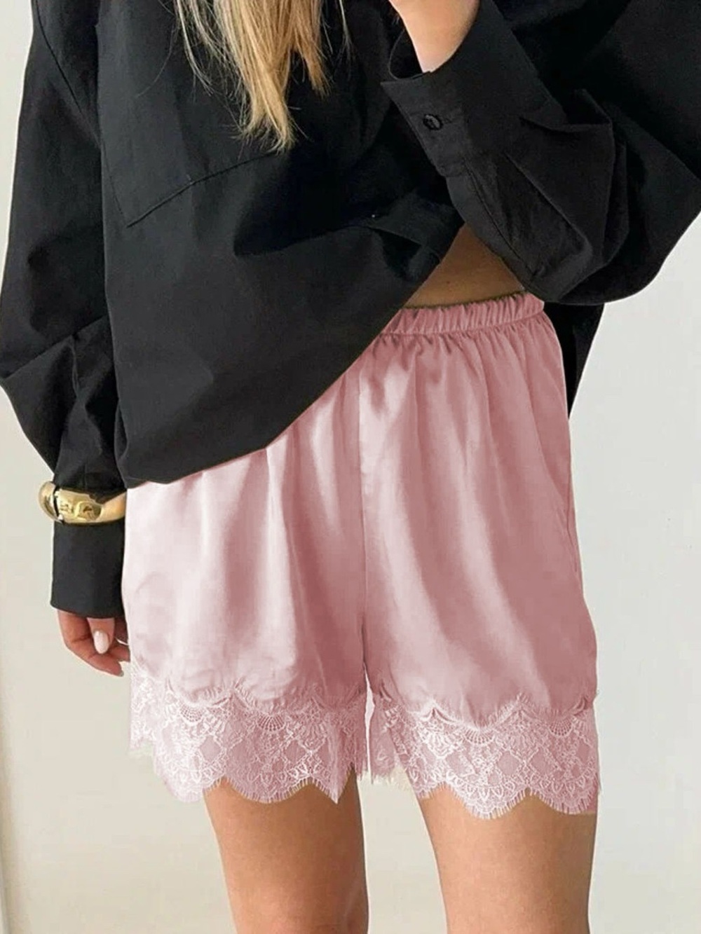 Silky Pink Lace Trim Lounge Shorts